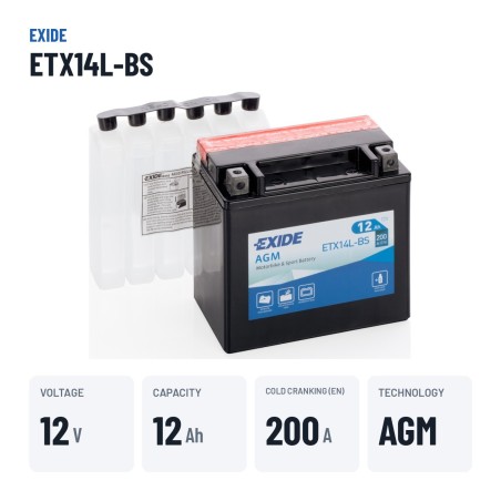 Bateria de mota Exide ETX14L-BS 12V 12Ah 200A AGM | baterias.com