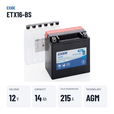 Batterie moto Exide ETX16-BS 12V 14Ah 215A AGM – caractéristiques clés