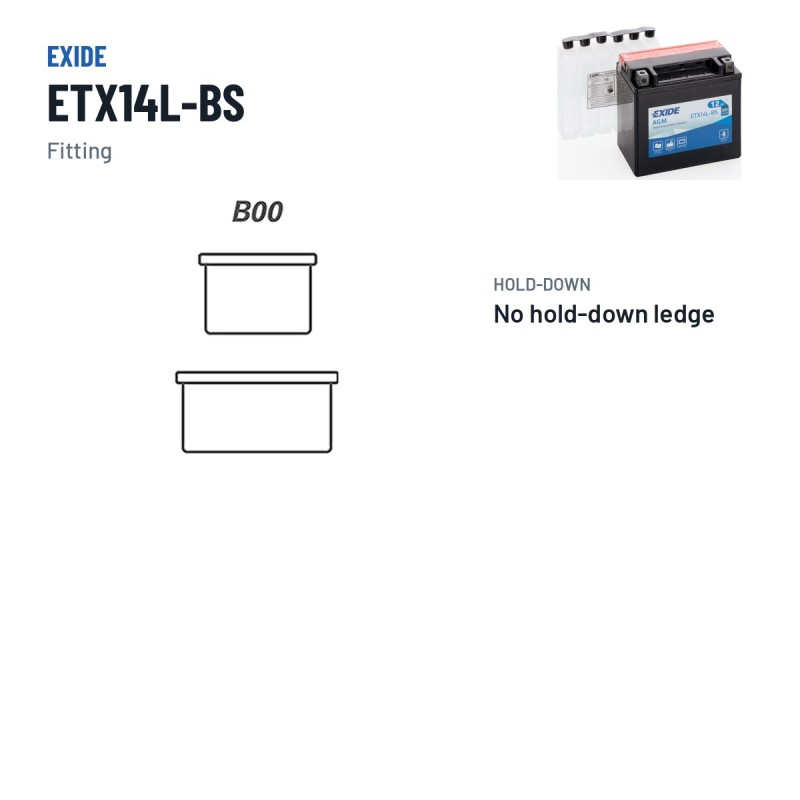 Batterie moto Exide ETX14L-BS 12V 12Ah 200A AGM – bornes et fixation