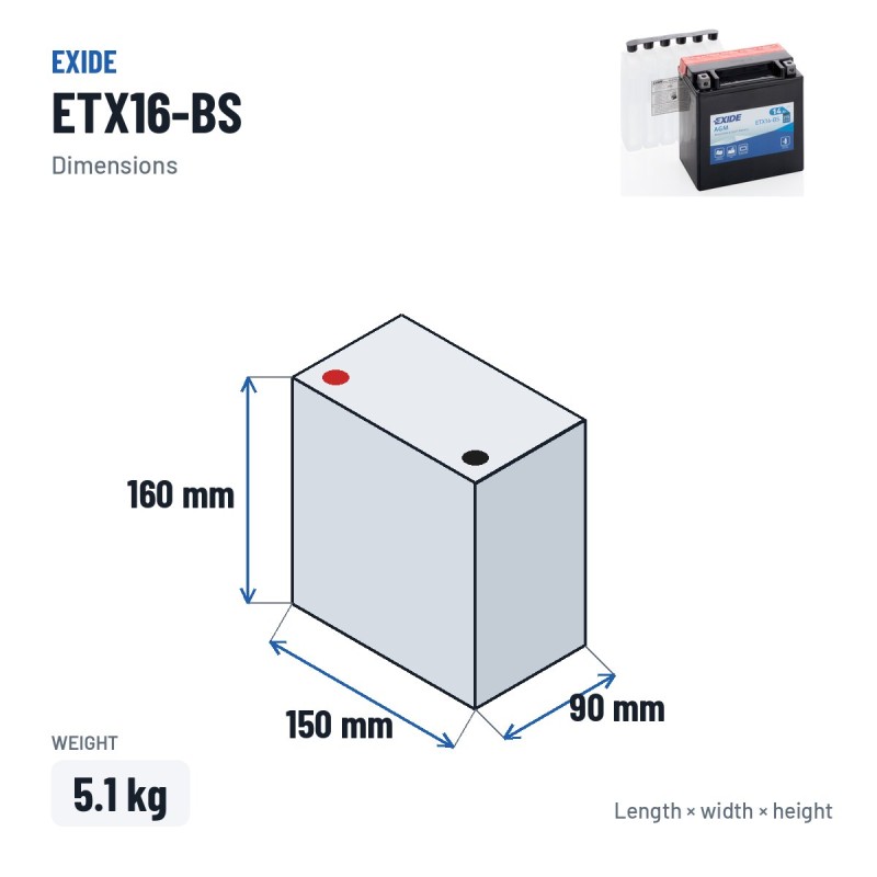 Batterie moto Exide ETX16-BS 12V 14Ah 215A AGM – dimensions 150 × 90 × 160 mm