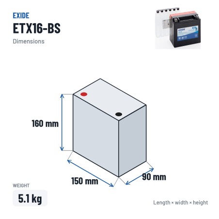 Batterie moto Exide ETX16-BS 12V 14Ah 215A AGM – dimensions 150 × 90 × 160 mm