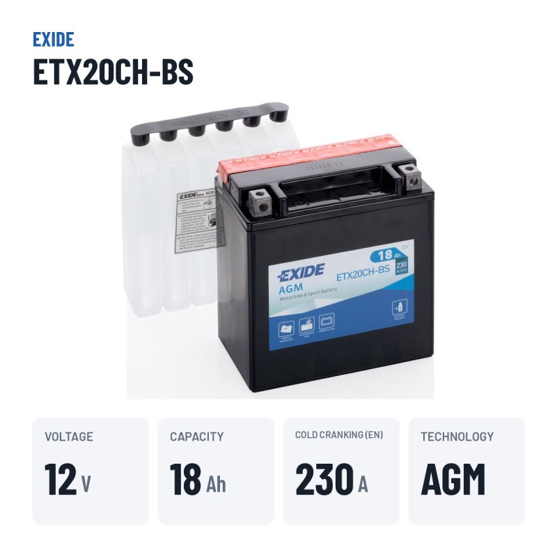 Batería de moto Exide ETX20CH-BS 12V 18Ah 230A AGM – datos clave