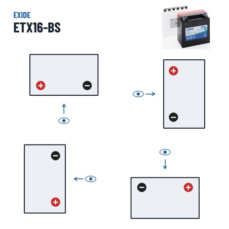 Motorcycle battery Exide ETX16-BS 12V 14Ah 215A AGM – polarity (layout 1, + left)