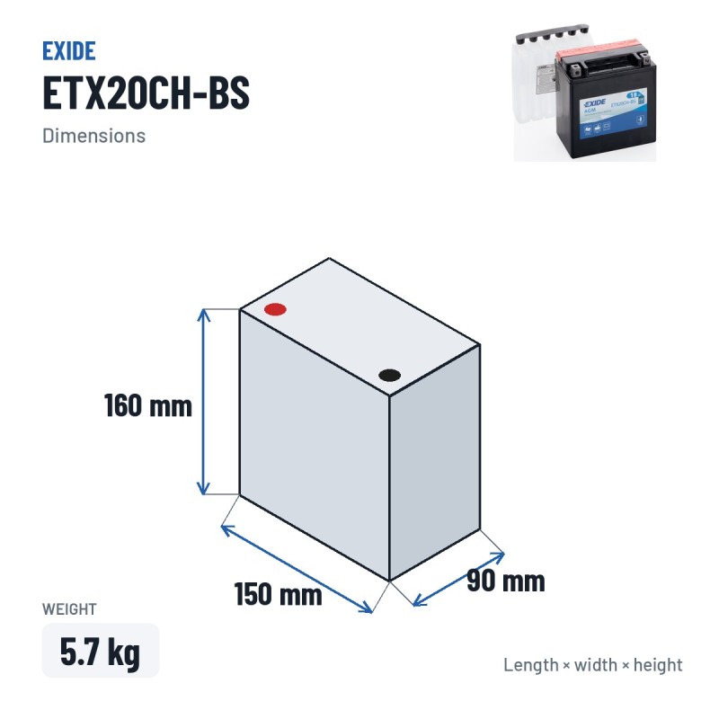 Motorcycle battery Exide ETX20CH-BS 12V 18Ah 230A AGM – dimensions 150 × 90 × 160 mm