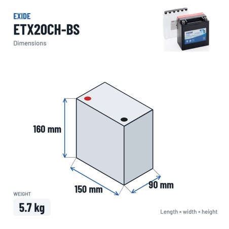 Motorcycle battery Exide ETX20CH-BS 12V 18Ah 230A AGM – dimensions 150 × 90 × 160 mm