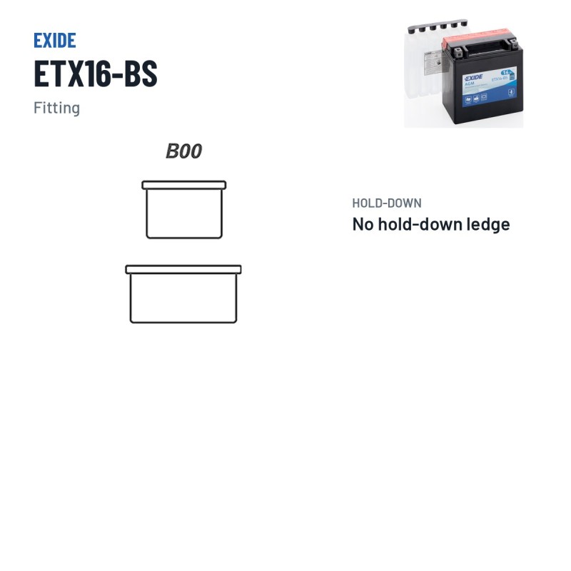 Motorcycle battery Exide ETX16-BS 12V 14Ah 215A AGM – terminal and hold-down