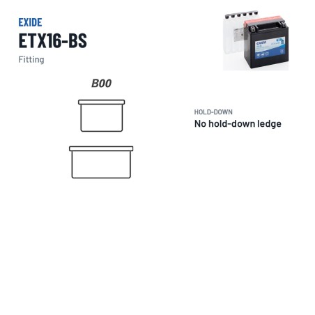 Motorcycle battery Exide ETX16-BS 12V 14Ah 215A AGM – terminal and hold-down