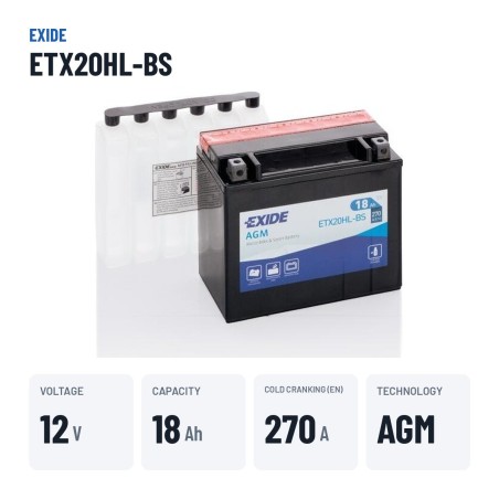 Batteria moto Exide ETX20HL-BS 12V 18Ah 270A AGM – dati principali