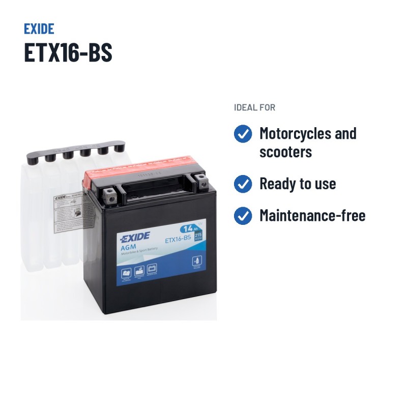 Motorcycle battery Exide ETX16-BS 12V 14Ah 215A AGM – recommended uses