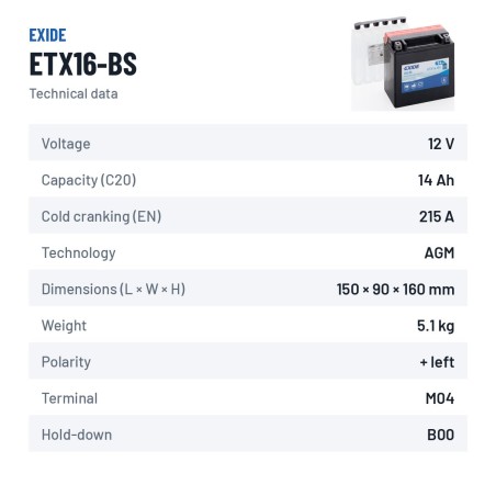 Batterie moto Exide ETX16-BS 12V 14Ah 215A AGM – fiche technique