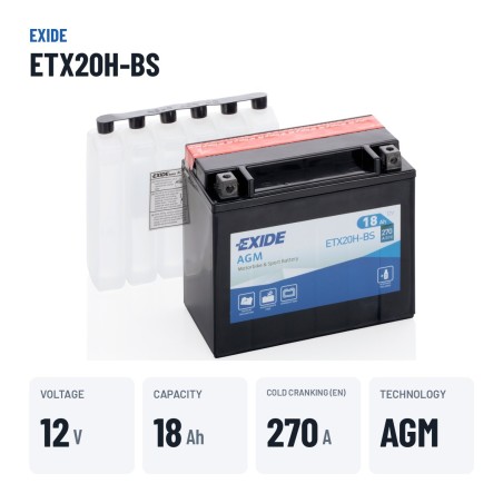 Batterie moto Exide ETX20H-BS 12V 18Ah 270A AGM – caractéristiques clés