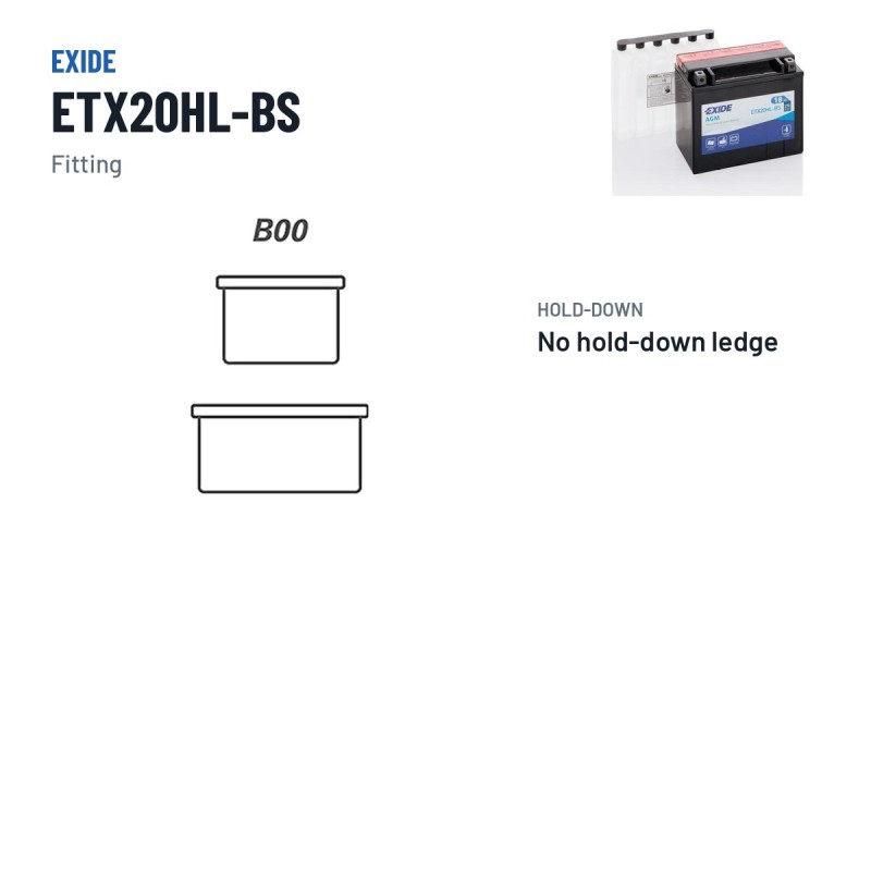 Motorcycle battery Exide ETX20HL-BS 12V 18Ah 270A AGM – terminal and hold-down