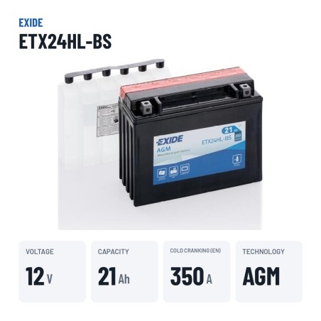 Motorcycle battery Exide ETX24HL-BS 12V 21Ah 350A AGM – key specs
