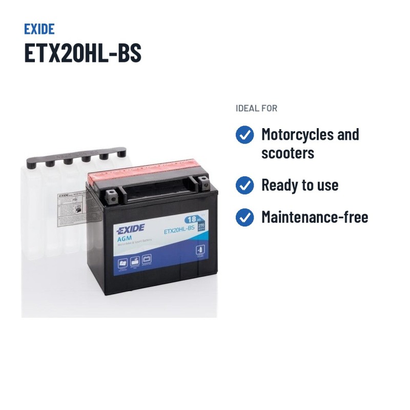Motorcycle battery Exide ETX20HL-BS 12V 18Ah 270A AGM – recommended uses