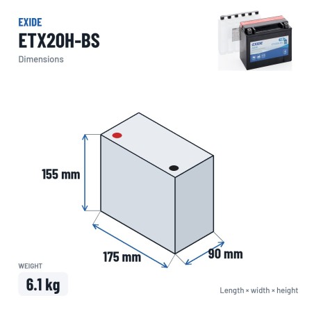 Batería de moto Exide ETX20H-BS 12V 18Ah 270A AGM – medidas 175 × 90 × 155 mm