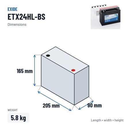 Bateria de mota Exide ETX24HL-BS 12V 21Ah 350A AGM – medidas 205 × 90 × 165 mm