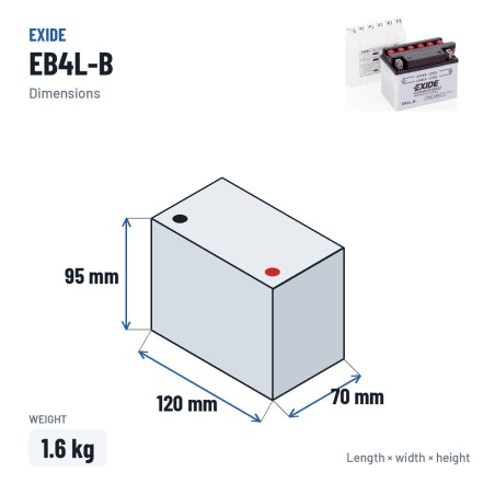 Motorradbatterie Exide EB4L-B 12V 4Ah 50A – Abmessungen 120 × 70 × 95 mm