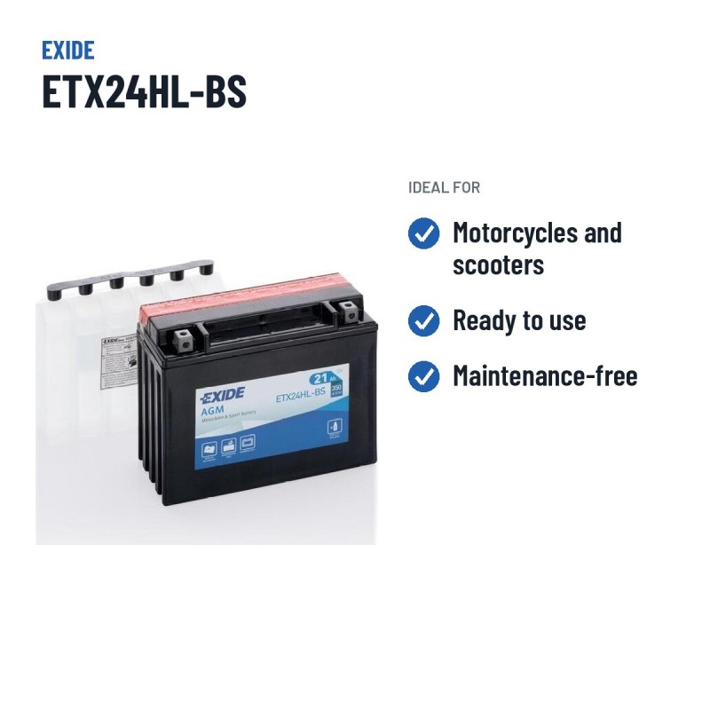 Motorcycle battery Exide ETX24HL-BS 12V 21Ah 350A AGM – recommended uses