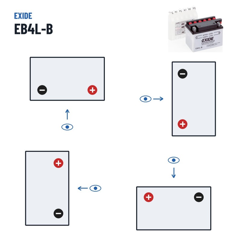 Motorcycle battery Exide EB4L-B 12V 4Ah 50A – polarity (layout 0, + right)