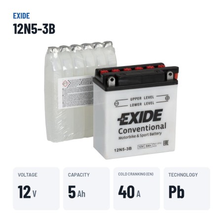 Bateria de mota Exide 12N5-3B 12V 5Ah 40A – dados principais