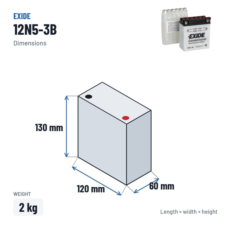 Bateria de mota Exide 12N5-3B 12V 5Ah 40A – medidas 120 × 60 × 130 mm