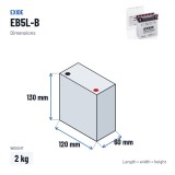 Bateria de mota Exide EB5L-B 12V 5Ah 65A – medidas 120 × 60 × 130 mm