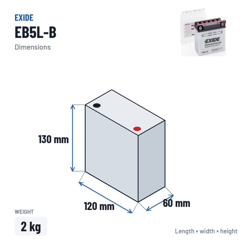 Bateria de mota Exide EB5L-B 12V 5Ah 65A – medidas 120 × 60 × 130 mm