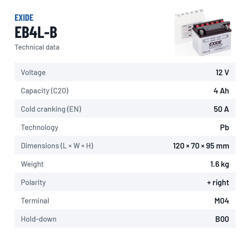 Batería de moto Exide EB4L-B 12V 4Ah 50A – ficha técnica