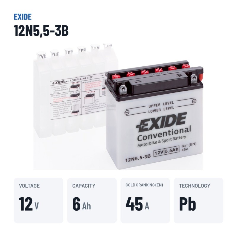 Motorradbatterie Exide 12N5.5-3B 12V 6Ah 45A | baterias.com