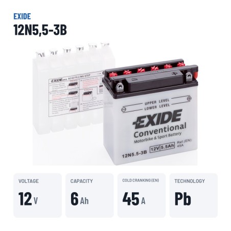 Bateria de mota Exide 12N5.5-3B 12V 6Ah 45A | baterias.com