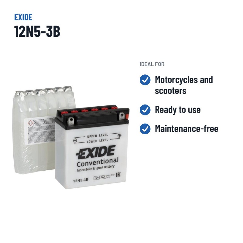 Batterie moto Exide 12N5-3B 12V 5Ah 40A | baterias.com