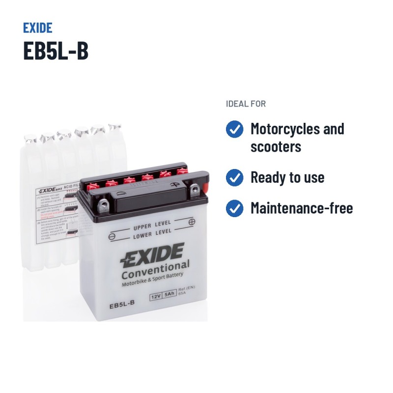 Bateria de mota Exide EB5L-B 12V 5Ah 65A – utilizações recomendadas