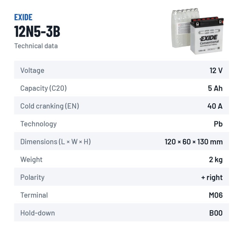 Bateria de mota Exide 12N5-3B 12V 5Ah 40A – ficha técnica