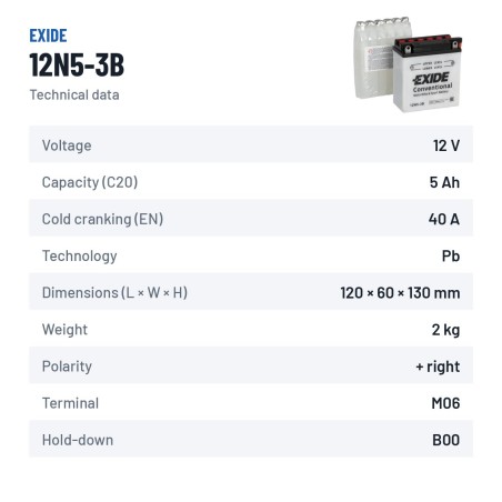 Batterie moto Exide 12N5-3B 12V 5Ah 40A | baterias.com