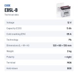 Bateria de mota Exide EB5L-B 12V 5Ah 65A – ficha técnica