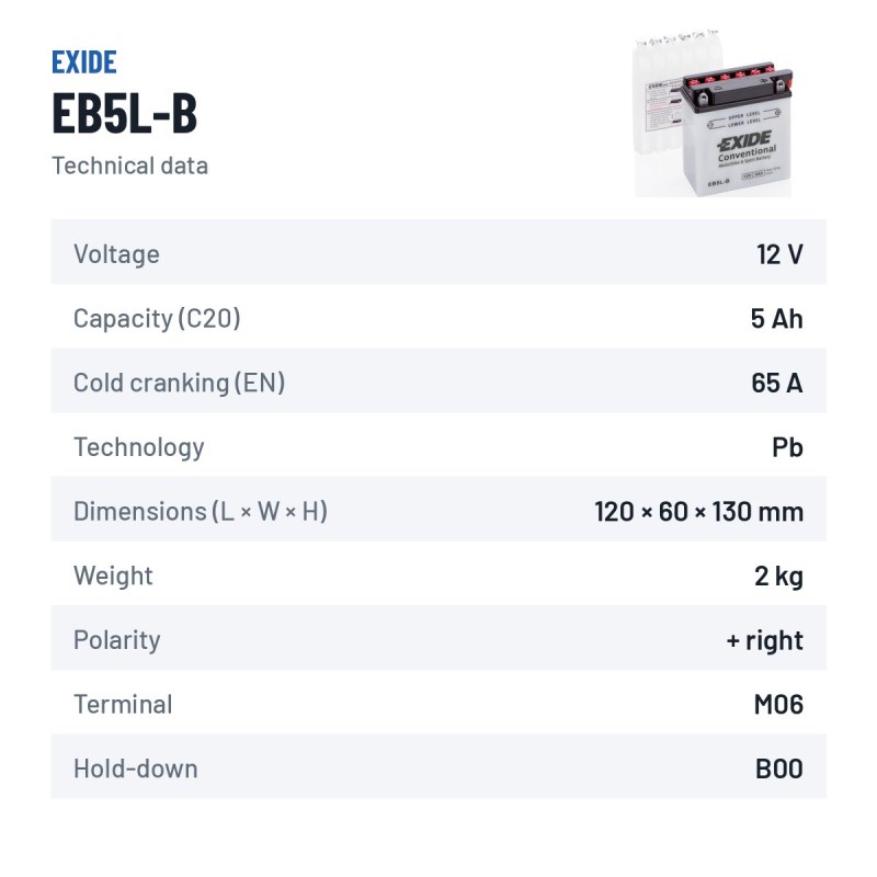 Batteria moto Exide EB5L-B 12V 5Ah 65A – scheda tecnica