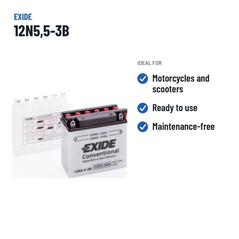 Motorradbatterie Exide 12N5.5-3B 12V 6Ah 45A | baterias.com