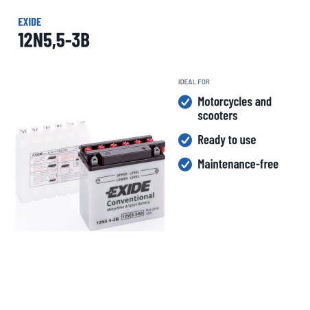 Motorradbatterie Exide 12N5.5-3B 12V 6Ah 45A | baterias.com