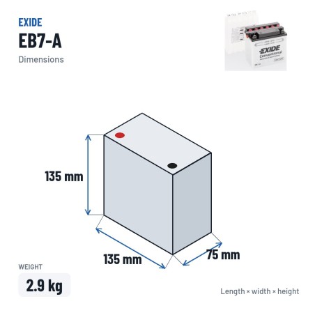 Batteria moto Exide EB7-A 12V 8Ah 85A – dimensioni 135 × 75 × 135 mm