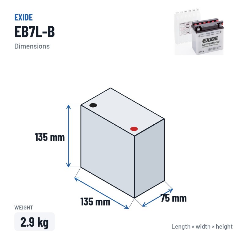 Batterie moto Exide EB7L-B 12V 8Ah 85A – dimensions 135 × 75 × 135 mm