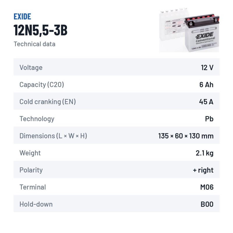Bateria de mota Exide 12N5.5-3B 12V 6Ah 45A | baterias.com