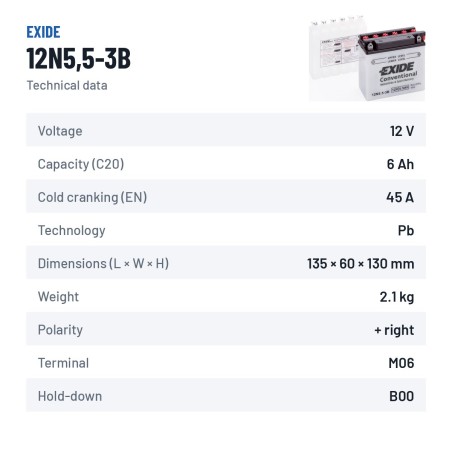 Motorradbatterie Exide 12N5.5-3B 12V 6Ah 45A | baterias.com