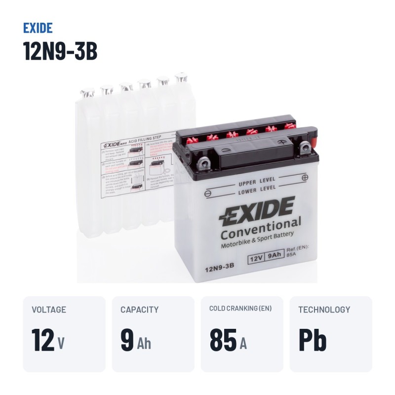 Motorcycle battery Exide 12N9-3B 12V 9Ah 85A – key specs