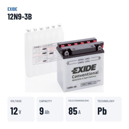 Motorradbatterie Exide 12N9-3B 12V 9Ah 85A – wichtigste Daten