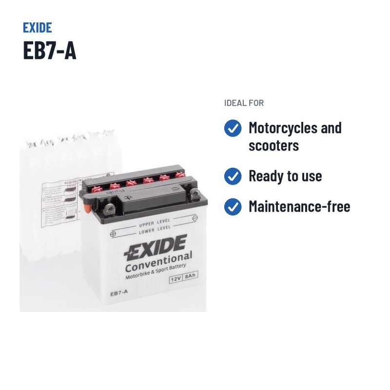 Bateria de mota Exide EB7-A 12V 8Ah 85A | baterias.com