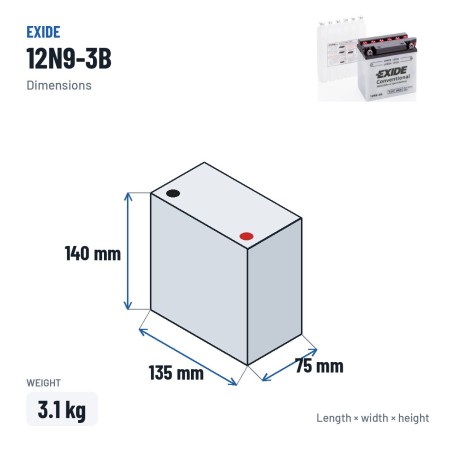 Bateria de mota Exide 12N9-3B 12V 9Ah 85A – medidas 135 × 75 × 140 mm