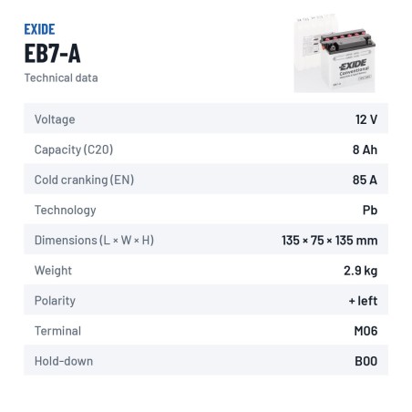 Batteria moto Exide EB7-A 12V 8Ah 85A – scheda tecnica