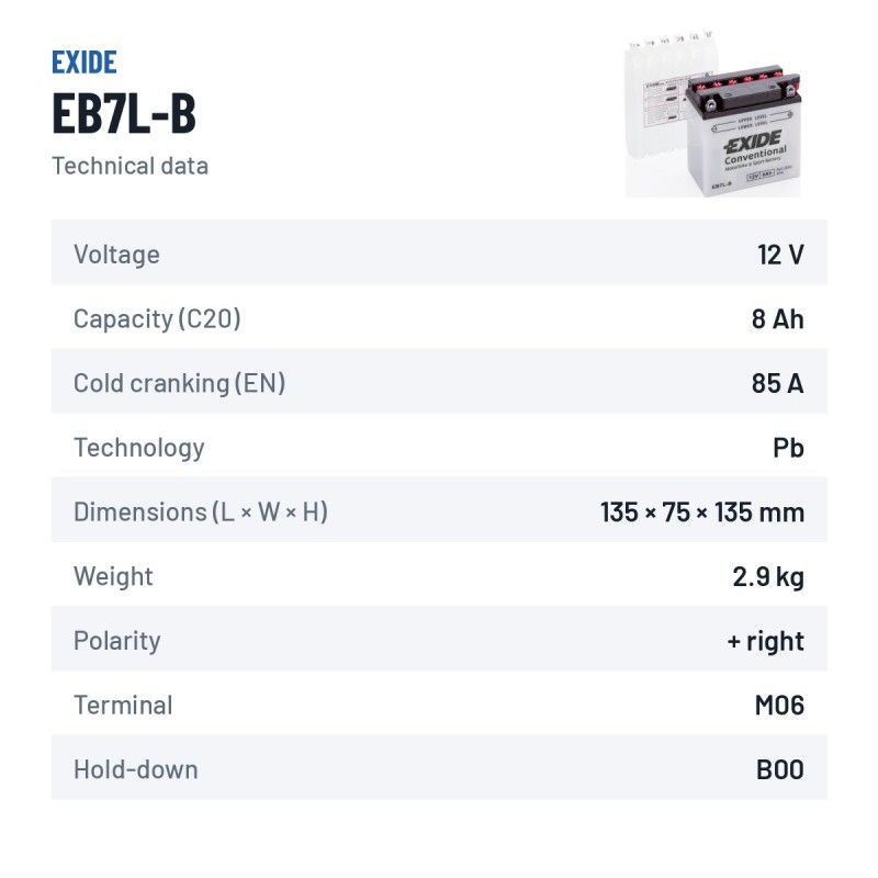 Batterie moto Exide EB7L-B 12V 8Ah 85A – fiche technique