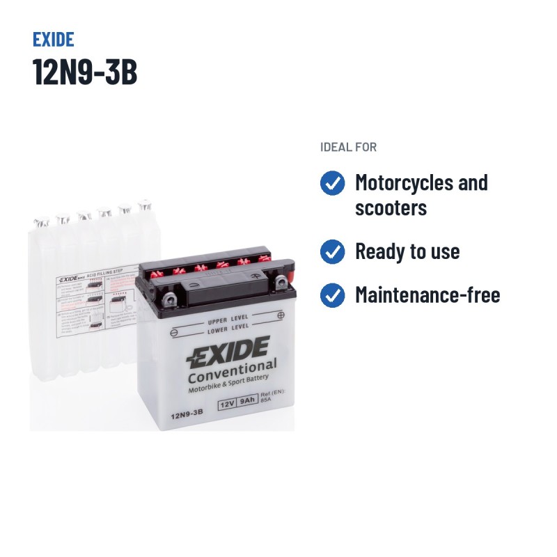 Motorcycle battery Exide 12N9-3B 12V 9Ah 85A – recommended uses