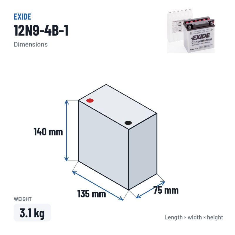 Bateria de mota Exide 12N9-4B-1 12V 9Ah 85A – medidas 135 × 75 × 140 mm